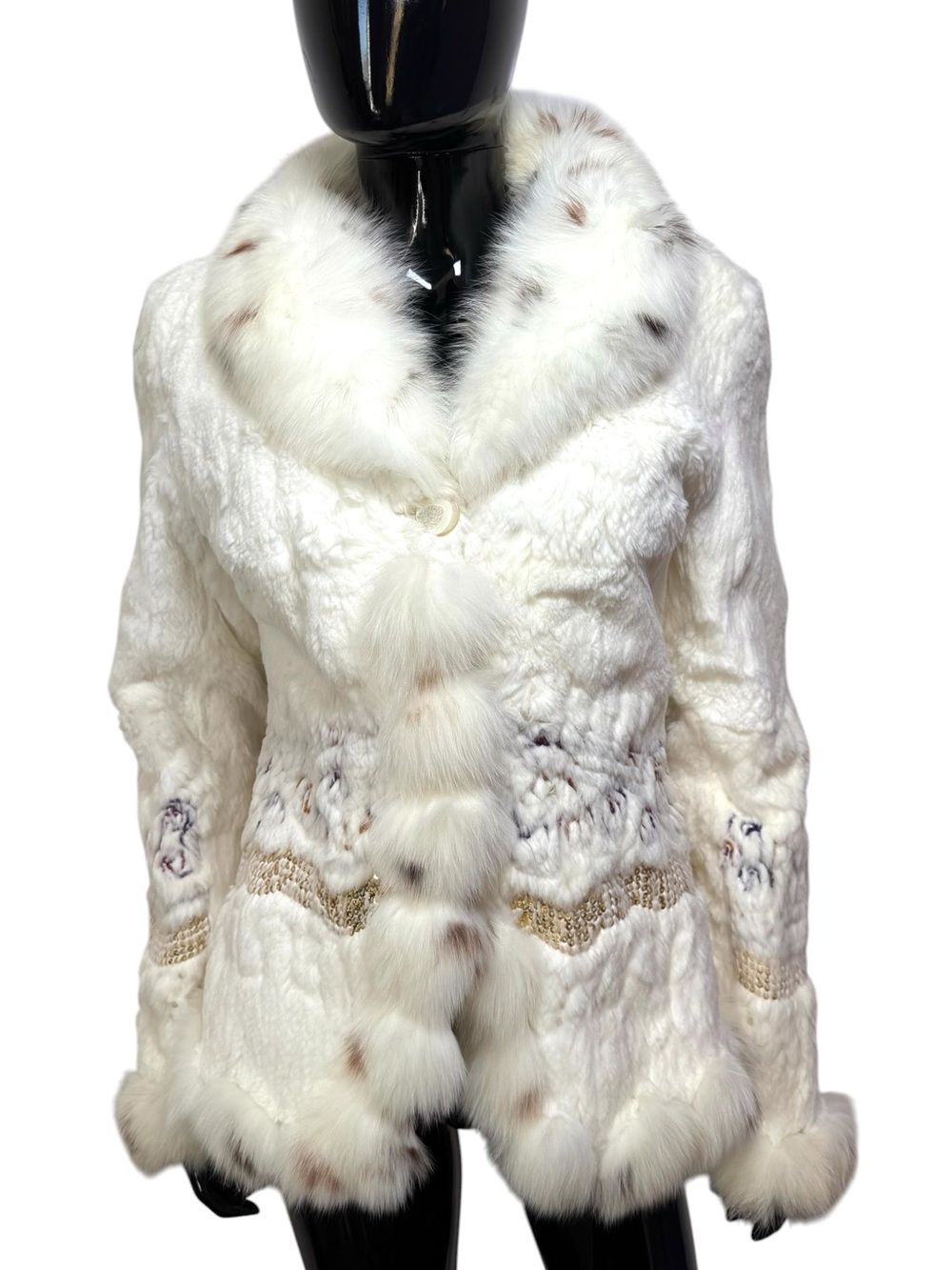 Luxury White Rabbit Fur Coat Spotted Arctic Fox Trim Bridal Wedding Jacket